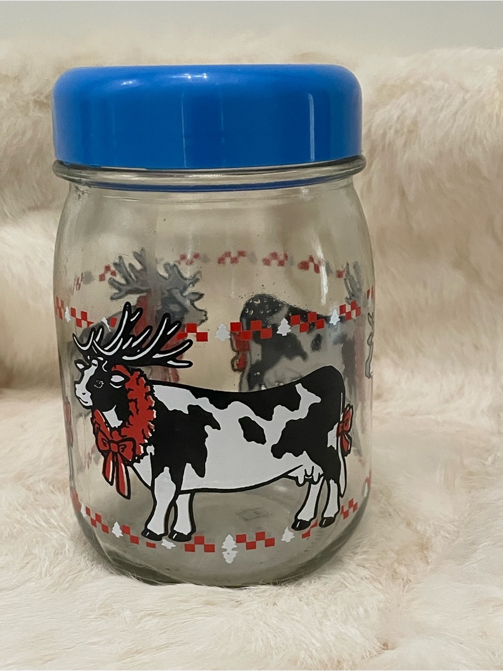 Vintage Cow Print Glass Jar with Blue Lid